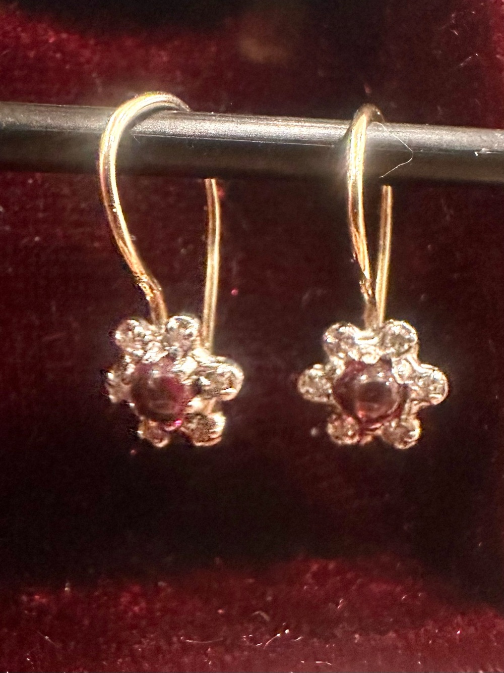 Antique, Genuine Gold, Garnet and Diamond Flower Drop Earrings